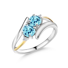 Gem Stone King 1.01 Cttw Round Blue Apatite 925 Silver and 10K Yellow Gold Lab Grown Diamond 2 Stone Crossover Ring For Women | Gemstone Birthstone | Available In Size 5, 6, 7, 8, 9