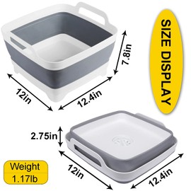DAVOM Dish Basin Collapsible with Drain Plug Carry Handles, 9.3L Dish Wash Basin, Portable Sink Tub, Foldable Dishpan, Multifunctional Dish Tub Storage Basket for Kitchen/Camping/RV Sink