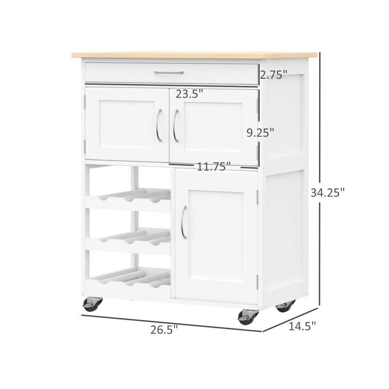 White Wooden Rolling Kitchen Cart with Storage Drawer 9-Bottle Wine