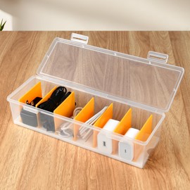 vsshe Transparent Cable Organiser with Lid, Cable Organiser Box, 7 Compartments & Removable Dividers, Cable Storage Box - Storage Box for Charging Cables, Chargers, Desk Accessories
