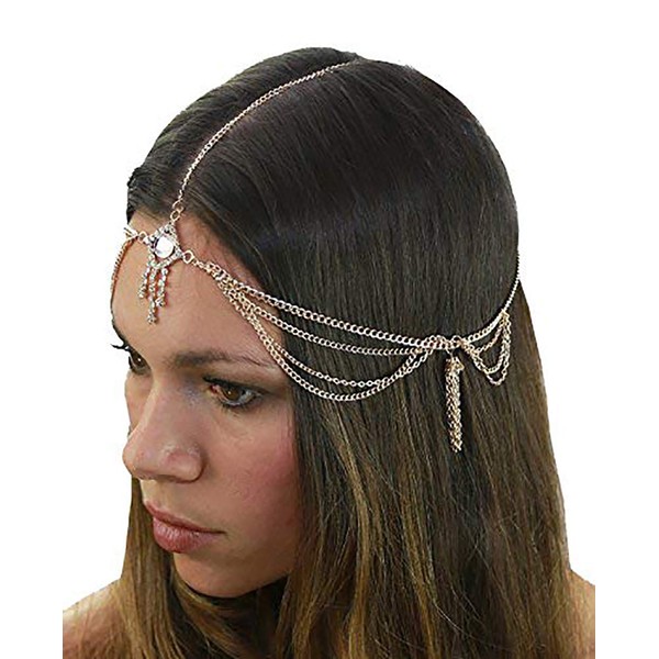 NYFASHION101 Women's Bohemian Fashion Head Chain Jewelry - Rhinestone Lozenge Charm 3 Draping Strand, Gold-Tone