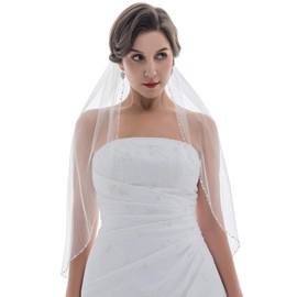 SAMKY 1T 1 Tier Pearl Crystal BeadS Edge Bridal Wedding Veil - White Elbow Length 30" V418