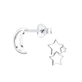 FRIEDA+PAUL Star Moon Symbol Astro Women's / Girls' Necklace Pendant Stud Earrings Set of 4 925 Sterling Silver Tarnish-Resistant Jewellery Box, Silver