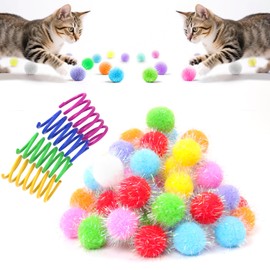 GAOHUI 64Pcs Cat Pom Pom Balls & 4Pcs Cat Springs - 1.5 Inch Interactive Cat Balls, Colorful Sparkle Fuzzy Cats Toys for Indoor Play, Safe for Kittens, DIY Craft Decor