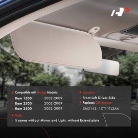 A-Premium Left Driver Side Sun Visor without Mirror - Compatible with Dodge Ram 1500, Ram 2500, Ram 3500, 2002-2009, Without Light, Without Extend plate, Gray