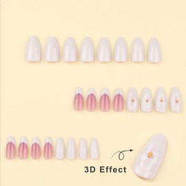 Short Almond False Nails - 24Pcs French Tip False Nail with Design 3D Flower - Pink & White Edge Press on Nail with Glue - Oval Medium Length Full Cover Acrylic Glossy Stick on Nail for Women Nail Art