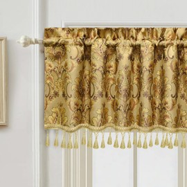Loom and Mill Luxury Valances for Windows, Elegant Damask Thick Window Treatment Curtains Valance with Handmade Tassels for Living Room, Bedroom Party Banquet Decorations (54" x 18", Yellow)