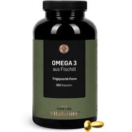 Vitabaum® Omega 3 aus Fischöl Kapseln mit Vitamin E - 18/12 EPA/DHA in Triglyceridform - Hohe Bioverfügbarkeit - 365 Kapseln - 6 Monate Vorrat - Glutenfrei, Laktosefrei
