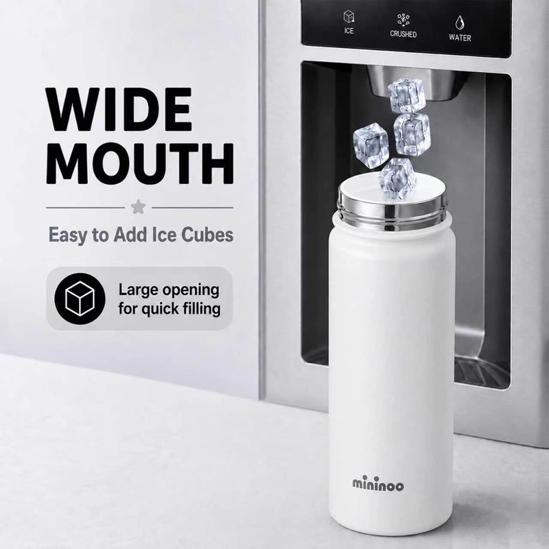 Mininoo 24 oz Insulated Ceramic-Lined Water Bottle with Straw, White