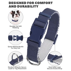 Dynmeow Soft and Breathable Cotton Cute Dog Collar, Heavy-Duty Durable Adjustable Pet Collar with Quick-Release Buckle, Lightweight for Sensitive Skin for Large Dogs, Navy-Blue, L