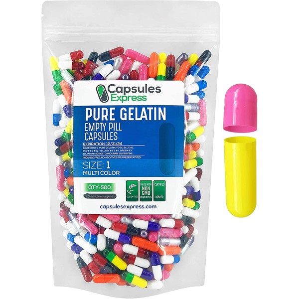 XPRS Nutra Size 1 Empty Capsules - Multi Color Colored Empty Gelatin Capsules - Capsules Express Empty Pill Capsules - DIY Supplement Capsule Filling - Fillable Color Gel Caps Pills (500 Count)