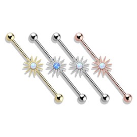 PiercedOff Rose Gold Tone Industrial Bar with White Synthetic Opal Sunburst - Length 38mm Thickness 1.6mm (14GA)