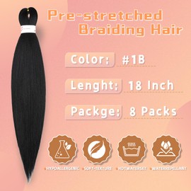 Braiding Hair Pre Stretched 18 Inch 8 Packs Professional Synthetic Braiding Hair for Box Braids/Twists/Crochet Braids No Itch Hot Water Setting Soft Yaki Texture (1B#)