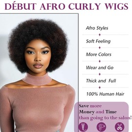 DÉBUT Afro Curl Fluffy Wigs Human Hair 70s Afro Curly Wig Big Hair for Black Women Daily Use 6 Inches Ombre 1B Mixed Reddish Brown