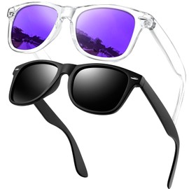 KANASTAL Set of 2 Polarised Sunglasses Men Women Retro Classic Rectangular Sunglasses UV400 Protection for Driving Cycling Fishing, Polarised black + mirrored purple