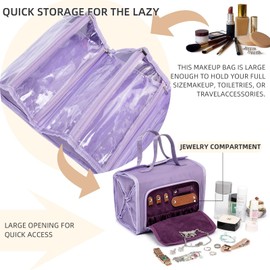 ROYALFAIR Roll Up Makeup Bag, Waterproof Toiletry Bag for Women, Hanging Travel Organizer bags with Jewelry Organizer Compartment, Extra Large 4 Clear TSA Approved Pouches Cosmetic Makeup (violet)