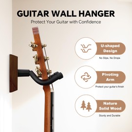 Guitar Wall Mount - Solid Beech Wood Guitar Hanger with 5pcs Picks for Acoustic, Electric, Bass, Banjo, Mandolin