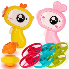 ArtCreativity Flying Disc Launcher Toys - Set of 2 Disc Shooters for Kids - Light Up Flying Disk Launcher for Girls & Boys with 4 Spinning Disks Each - Cute Chick and Rabbit Design - Kids Shooter Toys