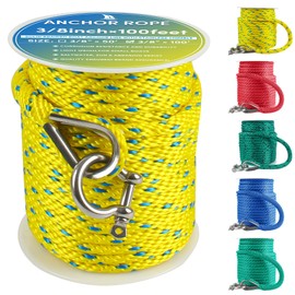 Premium Anchor Rope 100 ft x 3/8 inch, Solid Braid MFP Anchor Line Boat Rope Marine Rope,Boat Anchor Rope with Thimble & Shackle -Yellow/Blue