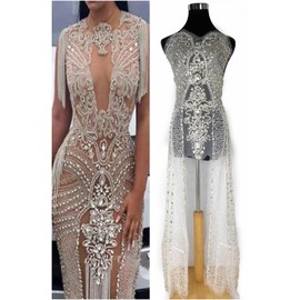 Labellezalay Full Bodice Rhinestone Applique Patch,New Large Size 45" * 13.8" Decorate Appliques, Gold Silver Luxury Glass Crystal Bodice Applique for Wedding Evening Dance Fashion Design DIY Dress