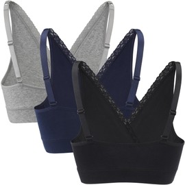 ZUMIY Maternity Nursing Bra Sleeping Tops, Wireless Breastfeeding Pregnancy Cotton Bras, Full Coverage, Adjustable Straps Lace Trim (XL, Black+Grey+Navy blue/3pack)