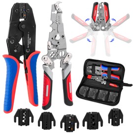Wire Crimping Tool Set- Crimper Kit with 5 Interchangeable Jaws and Foldable Wire Stripper for AWG 20-2 Heat Shrink, Open Barrel, Insulated and Non-Insulated Ferrules,Electrician Crimping Kit