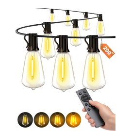 VOZUJI Outdoor Patio String Lights: 200Ft 60M Outside Waterproof Light - Remote Dimmable ST38 Shatterproof Bulb Connectable Hanging Outdoor Electric Lighting - Backyard Yard Gazebo Porch Party