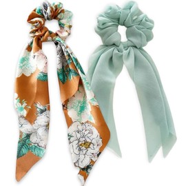 Floral Patterned Satin and Solid Colored Chiffon Hair Scarf Scrunchie Set, 2 Pieces (Tan Floral and Green)