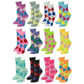 Gelante 12-Pair Women's Crew Socks, Soft Thin Lightweight Breathable Athletic & Casual Argyle 550-206