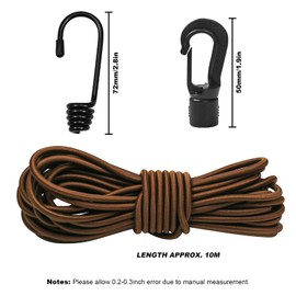 1/4" Bungee Shock Cords with Hooks, 32 Feet Elastic Nylon Cords Kayak Stretch String Rope for Bikes, Tie Downs, Boating, Camping, Cars, Fitness,Outdoor Enthusiasts(1/4 inch x 32 Ft, Brown)