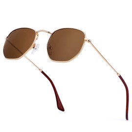 KALIYADI Sunglasses for Women and Men, Polarized Square UV Protection, Trendy Metal Frame Hexagon Sunglasses (Gold Frame Brown Lens)