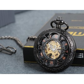 lancardo Men's Classic Retro Hand-Winding Mechanical Pocket Watch with Roman Numerals Dial, Carved Skeleton Chain Watch with Sweater Necklace, Black, black, Classic