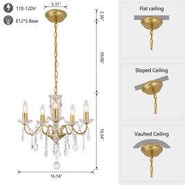 Chanlited Modern 5-Light Gold Chandelier with Glass Crystals, Candle Style Pendant Light Fixtures for Living Room, Girls Room, Kitchen Island, Entryway