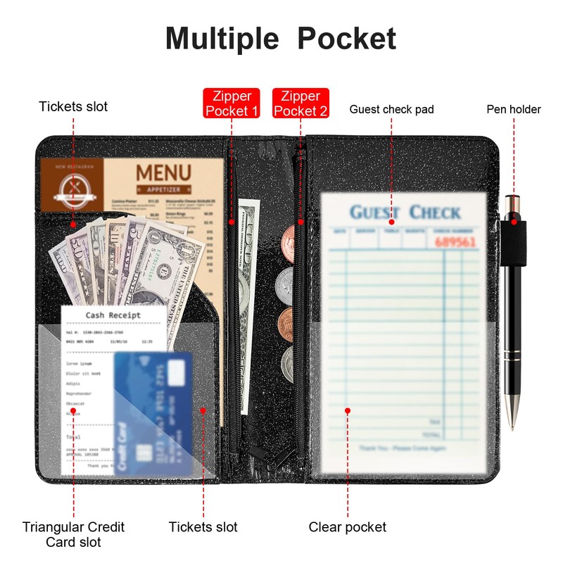 Server Books with 2 Zipper Pouch for Waitress, Waitress/Waiter Book