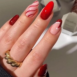BABALAL Press on Nails Short Oval Fake Nails Christmas Hat French Tip Glue on Nails Red Glitter Design Bling Acrylic Nails Xmas Candy Cane Stick on Nails 24Pcs Round Manicure False Nails
