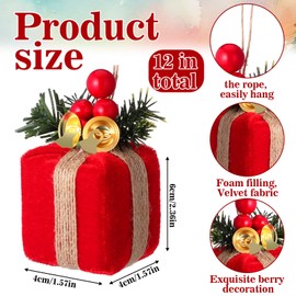 Panelee 12 Pcs Christmas Tree Mini Gift Boxes Velvet Christmas Tree Ornaments Vintage Present Decoration with Bells for Farmhouse Indoor Outdoor Xmas Party Holiday Decor(Red)