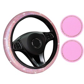 Lenkradbezug Glitzer，PU Bling Bling Leder Lenkradbezug, Autozubehör für Frauen, Auto Glitzernd Strasssteine, Elastische Dichtheit, Universal, rutschfest(Pink)