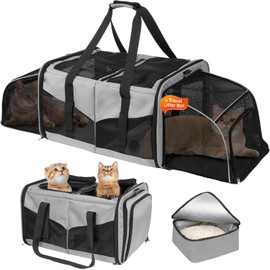 Cat Travel Carrier with Litter Box, Expandable Cat Carrier for 2 Cats for Traveling, Soft Sided Pet Carrier for Cats and Dogs up to 30lbs, Grey