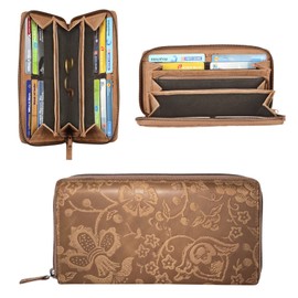 STILORD 'Aurelia' Leather Purse for Women Brown Vintage with Flowers Large Wallet with Coin Storage 12 EC-Cards Horizontal in Genuine Cow Hide Leather, Colour:Natural - Brown