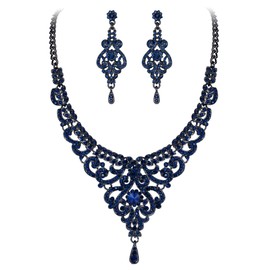 EVER FAITH Women's Austrian Crystal Elegant Bridal Vase Flower Necklace Earrings Set Blue Black-Tone