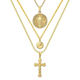 BOBIJOO JEWELRY - Ensemble Pendentifs Necklaces Chaînes Multi Couche Acier Or Croix Jesus St-Benoît Femme Médailles, Stainless Steel, No Gemstone
