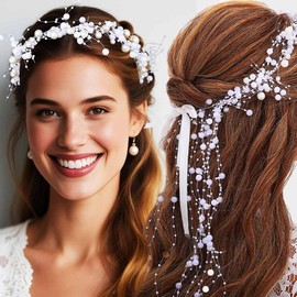 Catery Pearl Bridal Headband Wedding Hair Vine Tassel Bride Headpiece Accessories for Women (White)