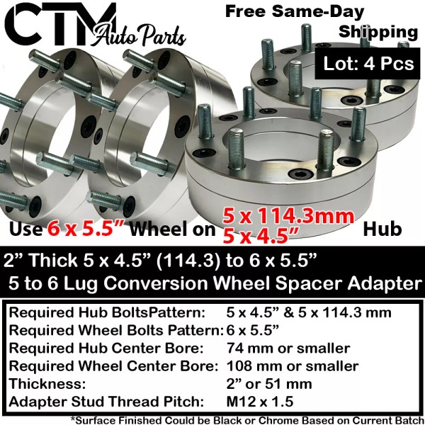 CTM 4x 2" Thick 5x4.5(5x115mm) to 6x5.5 Conversion Wheel Adapter