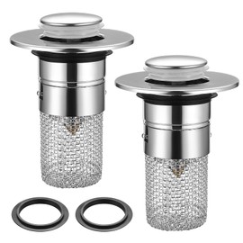 Pack of 2 Sink Plugs, Drain Plug Sink with Hair Strainer, Drain Filter, Stainless Steel Sink Plug for 34-40 mm Drain Drain, Universal Push Up Drain Valve, Drain Strainer for Sink