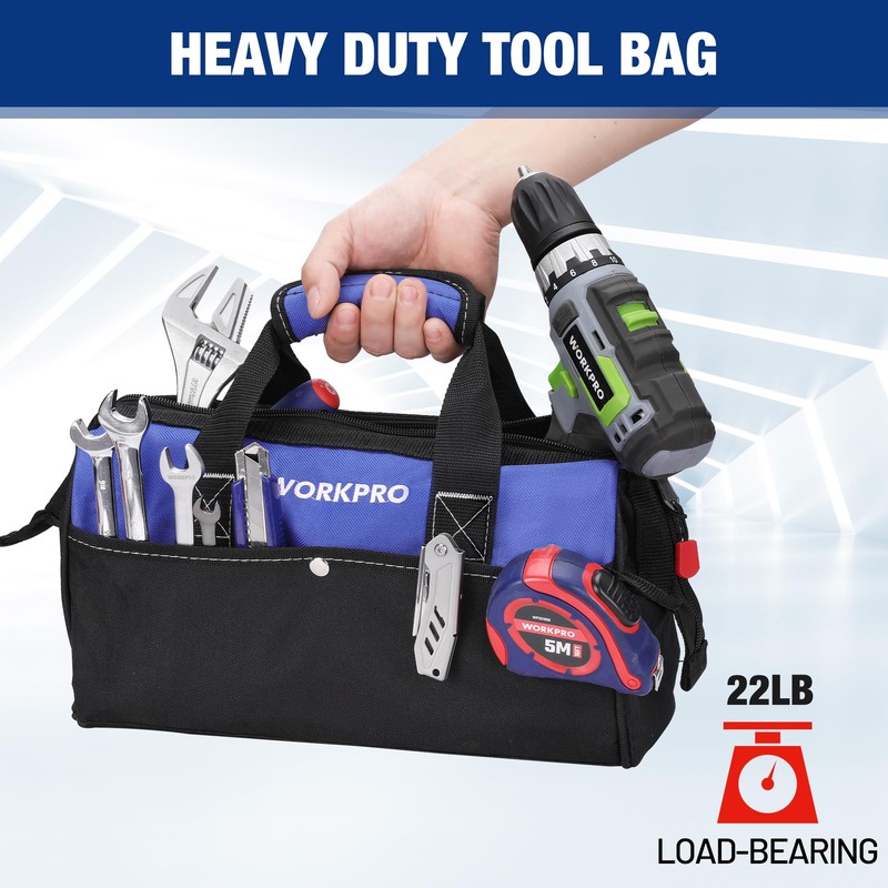 WORKPRO 13-inch Tool Bag, Wide Mouth Tool Tote Bag with