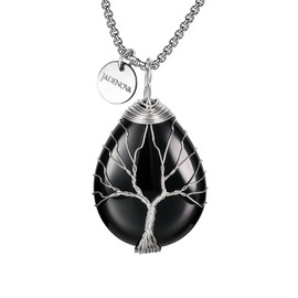 JADENOVA Healing Crystal Necklace for Women Tree of Family Pendant Family Tree Wire Wrapped Jewelry Energy Healing Teardrop pendant (24 Inches Stainless Steel Chain) M Natural Black Agate