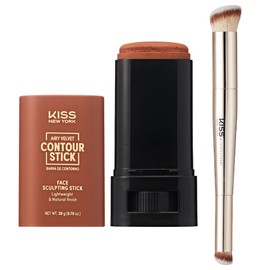 Kiss New York Airy Velvet Contour Stick (Tan Brown 0.70 Oz) With Dual Ended Contour Brush Set, Cool Toned Face Sculpting Cream Makeup, Buildable Lightweight Natural Finish Formula with Hyaluronic Acid