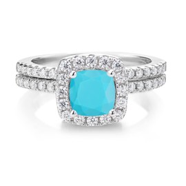 Gem Stone King Green Turquoise and White Moissanite Wedding Engagement Ring Band Bridal Set For Women | 925 Sterling Silver | 1.42 Cttw | 6MM Cushion Gemstone Birthstone | Available In Size 5-9