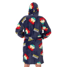 South Park Mens Hooded Bathrobe | Adults Cartman All Over Print Graphic Dressing Gown in Navy | Cartoon Fleece Loungewear