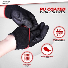 SupremeTTF Pack of 24 Safety Gloves, Work Gloves, with Secure Grip on Palm & Fingers, PU and Nylon Non-Slip Gloves, Ideal for General Duty Work, Gardening. (Medium-8)